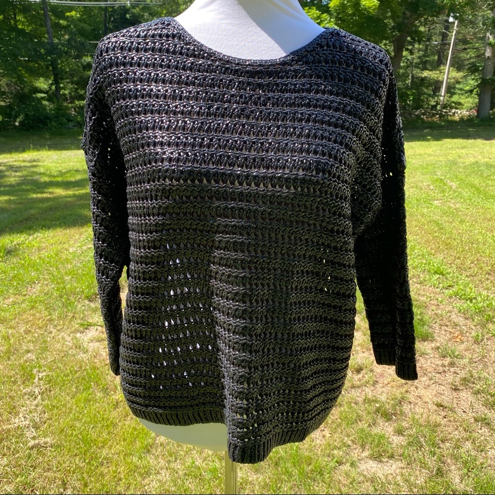 CLUB MONACO SWEATER CREWNECK BLACK COATED COTTON OPEN KNIT 3/4 SLEEVE SIZE XS